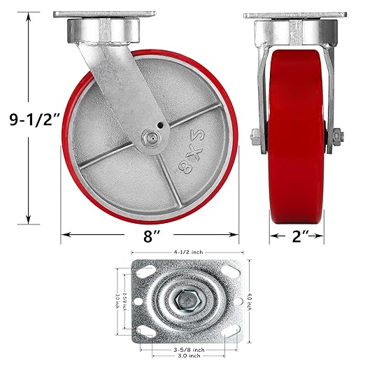 Polyurethane on Cast Iron Kingpinless Casters Red 6x2,8x2