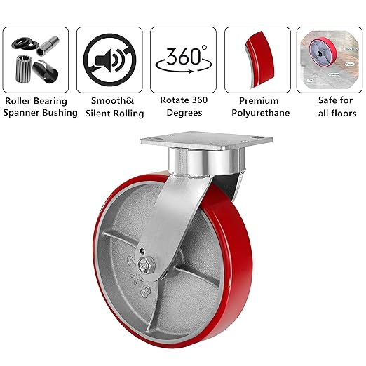 Polyurethane on Cast Iron Kingpinless Casters Red 6x2,8x2