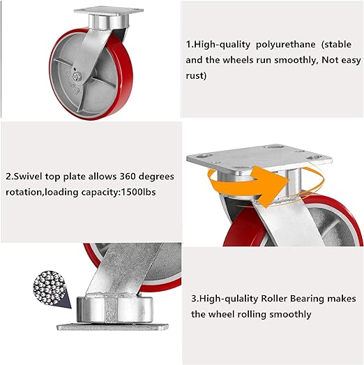 Polyurethane on Cast Iron Kingpinless Casters Red 6x2,8x2